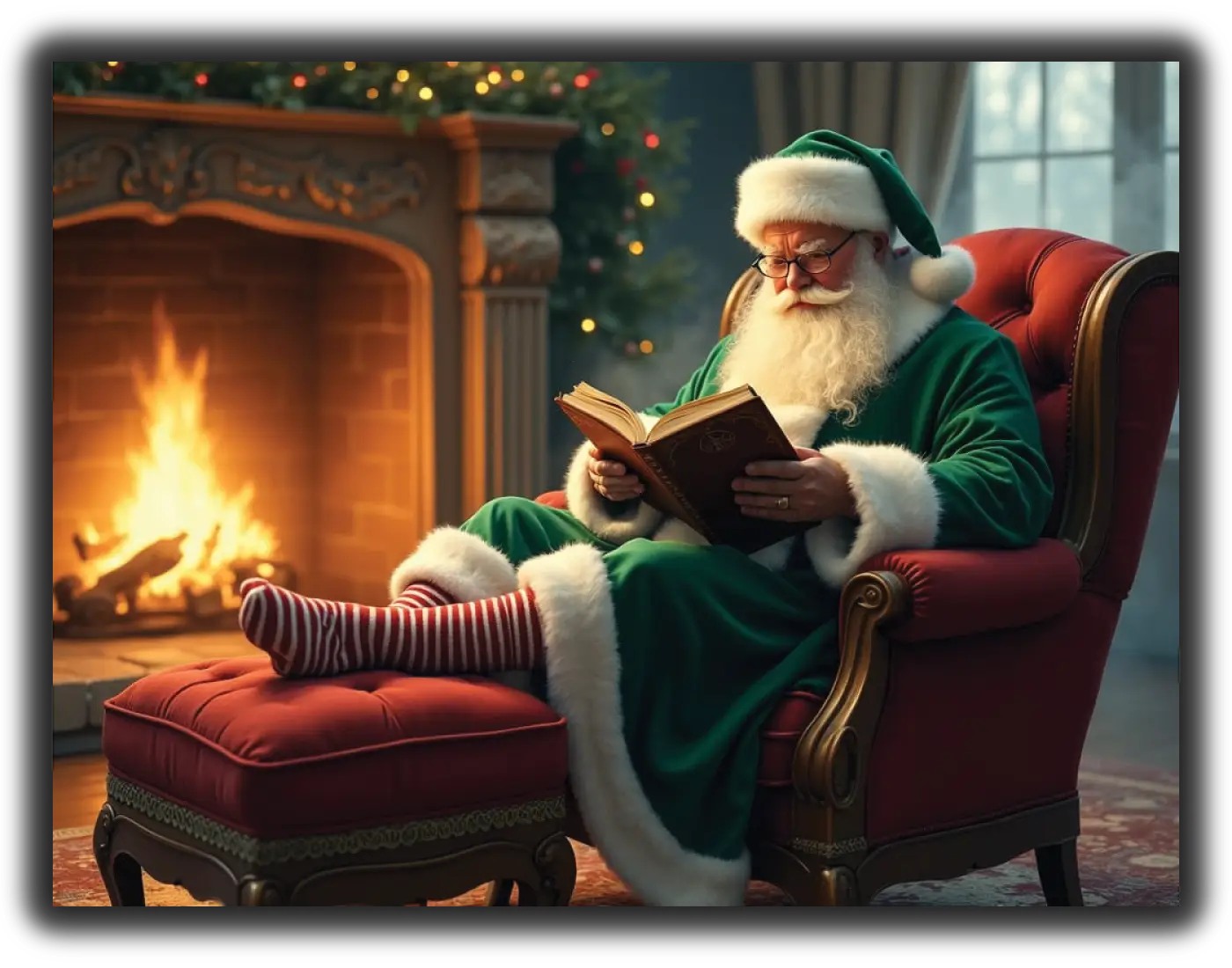 Santa reading by the fire
